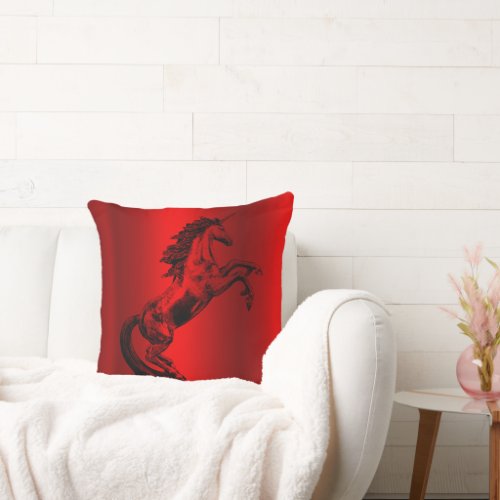 Black Unicorn Etching on Red Throw Pillow