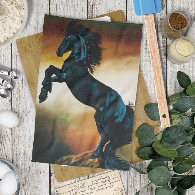 Black Unicorn Fantasy Dance Sunset Kitchen Towel (Creator Uploaded)