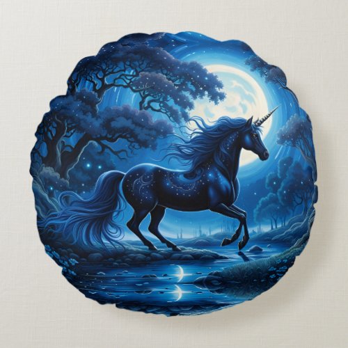 Black Unicorn Fantasy Full Moon Round Pillow