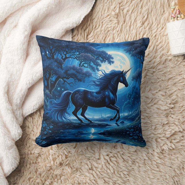 Black Unicorn Fantasy Full Moon Throw Pillow (Blanket)
