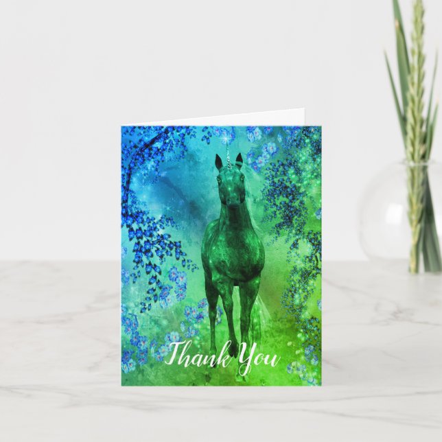 Black Unicorn Flowers Fantasy Art Thank You Card (Front)