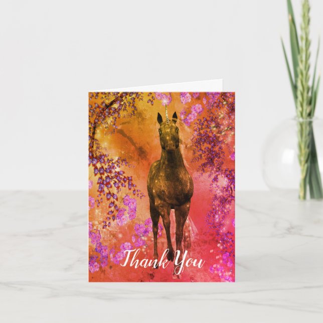 Black Unicorn Flowers Fantasy Art Thank You Card (Front)