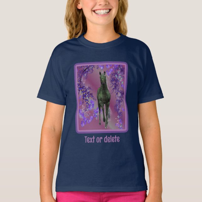 Black Unicorn Flowers Fantasy Horse Art  T-Shirt (Front)