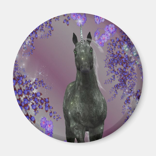 Black Unicorn Flowers Fantasy Magnet (Front)