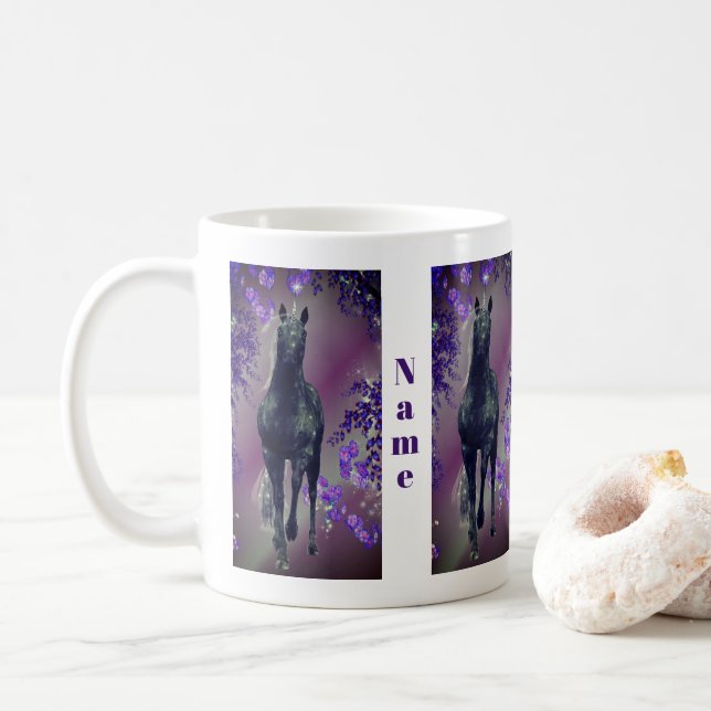 Black Unicorn Flowers Fantasy Personalized Coffee Mug (With Donut)