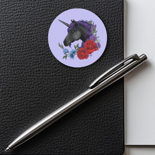 Black Unicorn Flowers Purple Classic Round Sticker