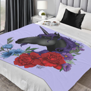 Black Unicorn Flowers Purple Fleece Blanket