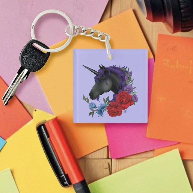 Black Unicorn Flowers Purple Keychain (Creator Uploaded)