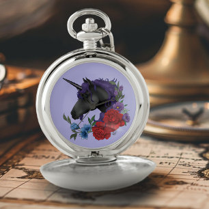Black Unicorn Flowers Purple Pocket Watch