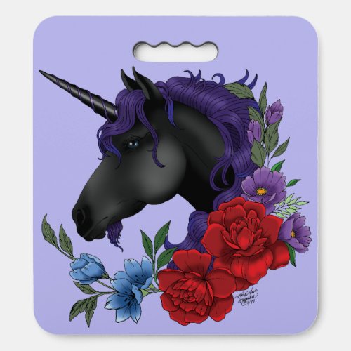 Black Unicorn Flowers Purple Seat Cushion