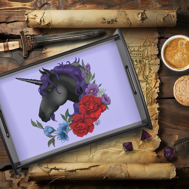 Black Unicorn Flowers Purple Serving Tray (Creator Uploaded)