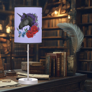 Black Unicorn Flowers Purple Table Lamp