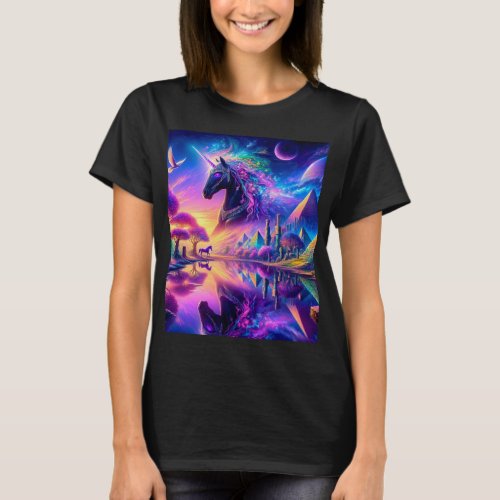 Black Unicorn in a Fantasy World with Pyramids T_Shirt