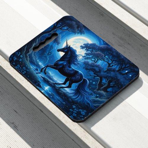 Black Unicorn in the Forest in Blue Moon Light Seat Cushion