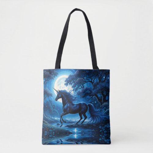 Black Unicorn in the Forest in Blue Moon Light Tote Bag