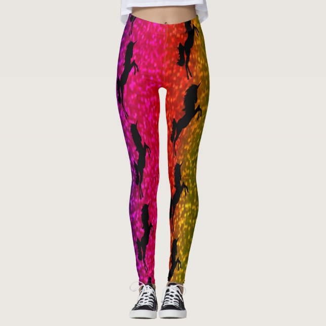 Black Unicorn Party Flowers Pink Blue Dots   Leggings (Front)