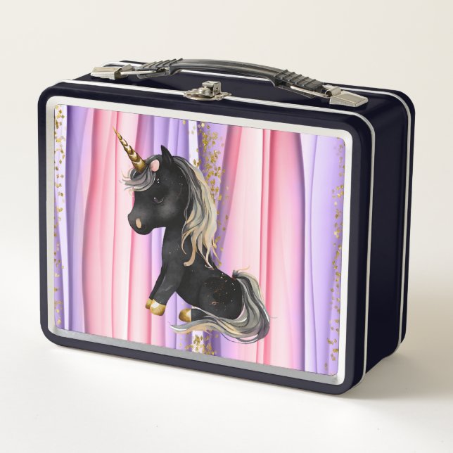 Black Unicorn Pink Ears  Metal Lunch Box (Front)