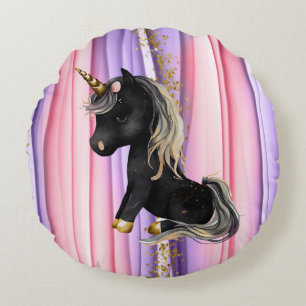 Black Unicorn Pink Ears  Round Pillow