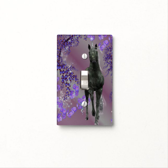 Black Unicorn Purple Flowers Animal Light Switch Cover (In Situ)
