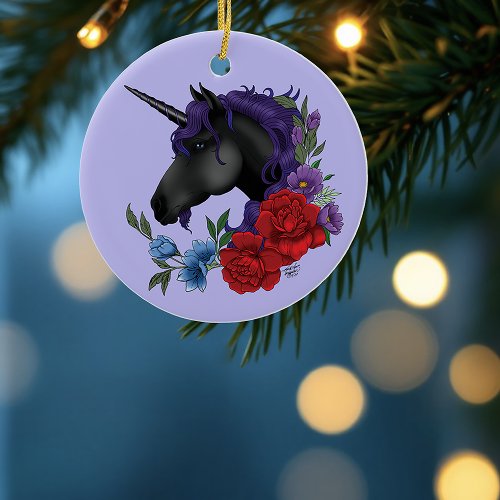 Black Unicorn Purple Midnight Garden Flowers Ceramic Ornament