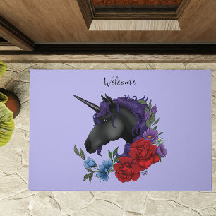 Black Unicorn Purple Midnight Garden Flowers Doormat