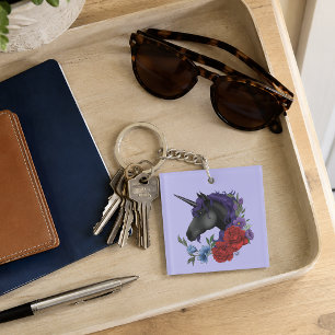 Black Unicorn Purple Midnight Garden Flowers Keychain