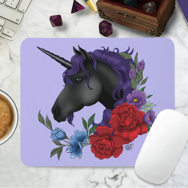Black Unicorn Purple Midnight Garden Flowers Mouse Pad (Creator Uploaded)