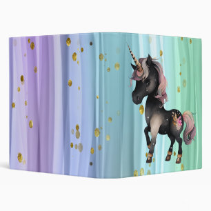 Black Unicorn Purple Pink Tail 3 Ring Binder