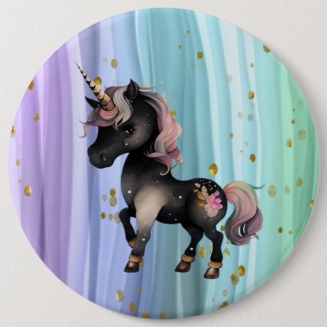 Black Unicorn Purple Pink Tail  Button (Front)