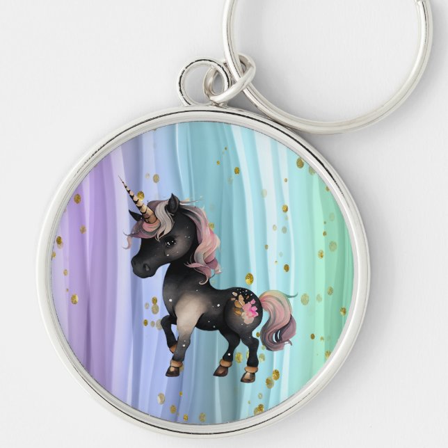 Black Unicorn Purple Pink Tail  Keychain (Front)
