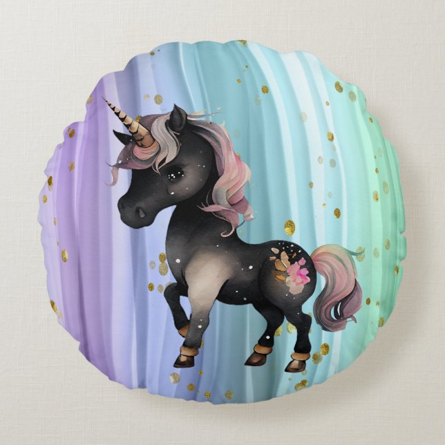 Black Unicorn Purple Pink Tail  Round Pillow (Front)
