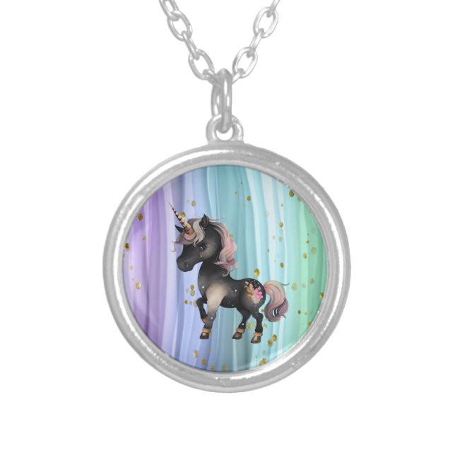 Black Unicorn Purple Pink Tail Silver Plated Necklace (Front)