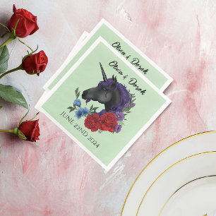Black Unicorn Purple Red Sage Flowers Paper Dinner Napkins