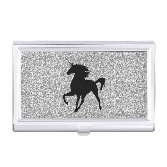Black Unicorn Silver Glitter Business Card Holder (Front)