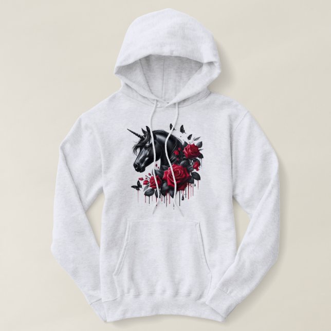 Black Unicorn Surrounded by Vibrant Red Roses Hoodie (Design Front)