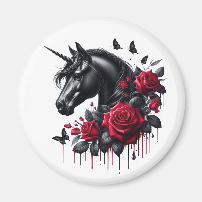 Black Unicorn Surrounded by Vibrant Red Roses Magnet (Front)