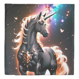 Black Unicorn With Glowing Gold Mane Fantasy Duvet