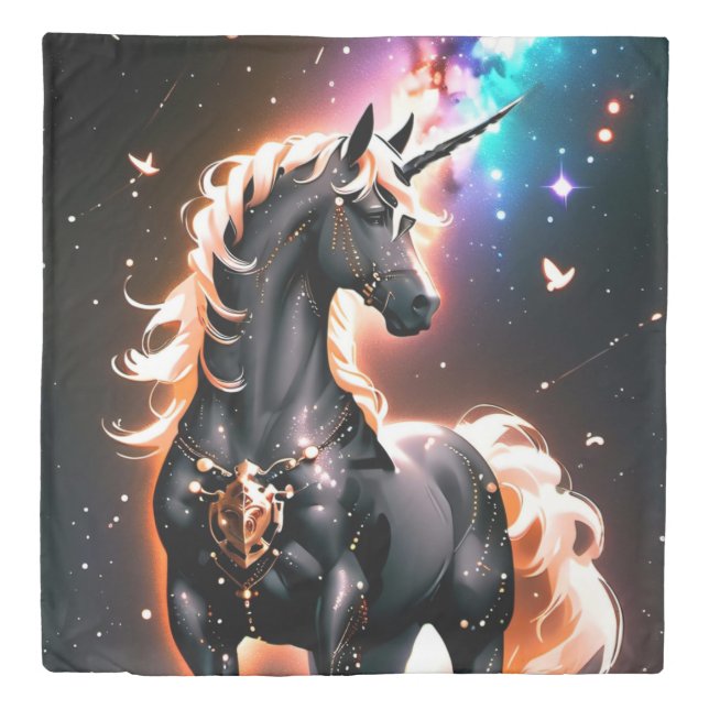 Black Unicorn With Glowing Gold Mane Fantasy Duvet Cover (Front)