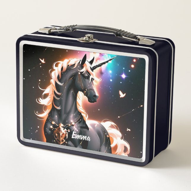 Black Unicorn With Gold Mane Custom Name Script Metal Lunch Box (Front)