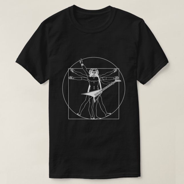 Black Unique Vitruvian man playing Flying V guitar T-Shirt (Design Front)
