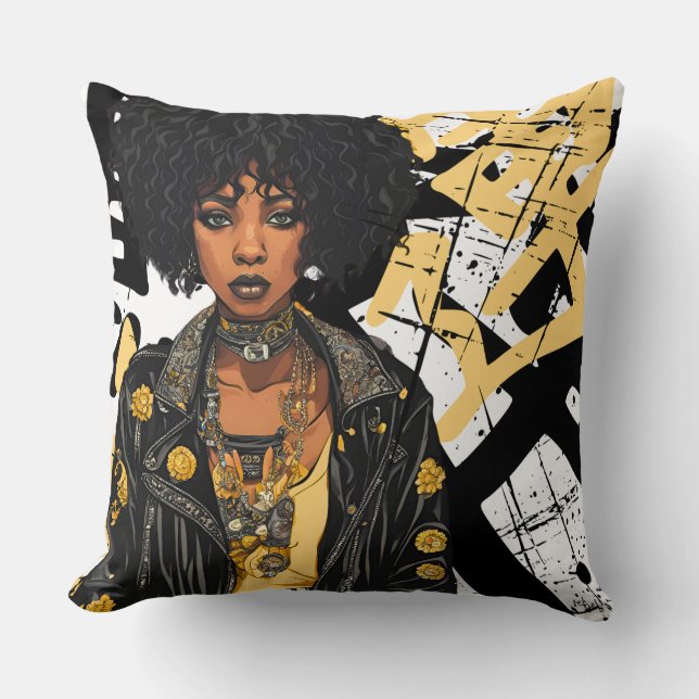 BLACK URBAN BEAUTY ROCK ROLL LEATHER JACKET REBEL THROW PILLOW (Front)