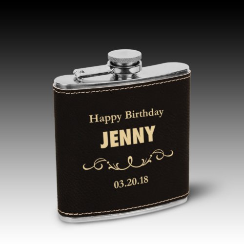 Black Vegan Leather Engraved Birthday Flask 