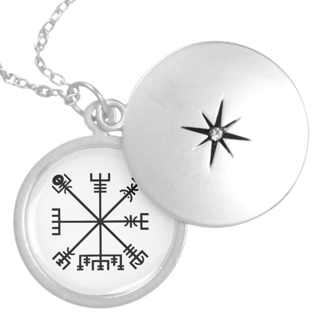 Black Vegvisir Sigil on White Locket Necklace (Front)