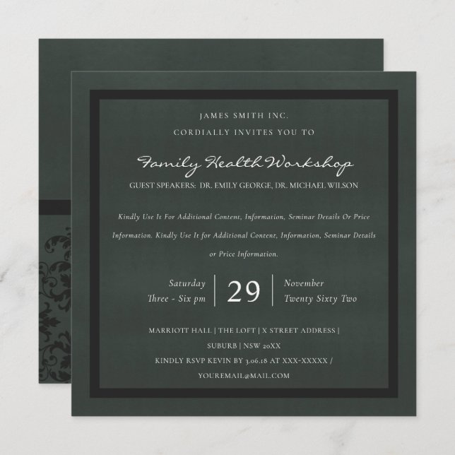 BLACK VELVET BLACK DAMASK CLASSIC WORKSHOP EVENT INVITATION (Front/Back)
