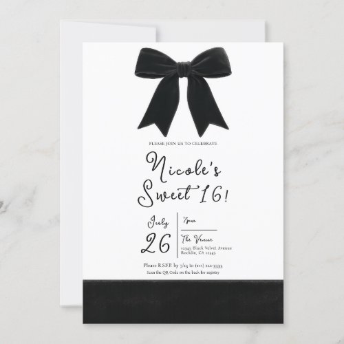 Black Velvet Bow Elegant Posh Sweet 16 Photo  Invitation