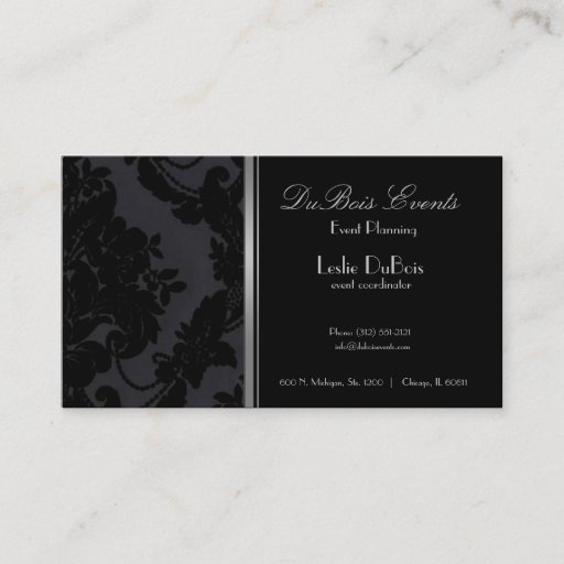 Customizable black velvet damask event planner business card