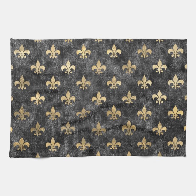 Black Velvet Fleur De Lis Mardi Gras Orleans Kitchen Towel (Horizontal)