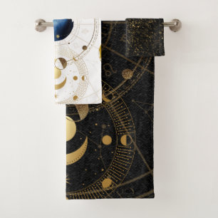 Black Velvet Gold Celestial Astrology Bath Towel Set