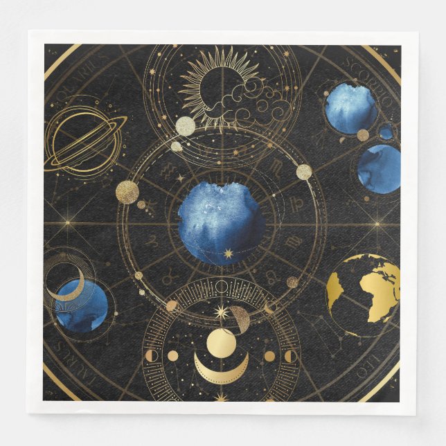 Black Velvet Gold Celestial Astrology Paper Dinner Napkins (Front)
