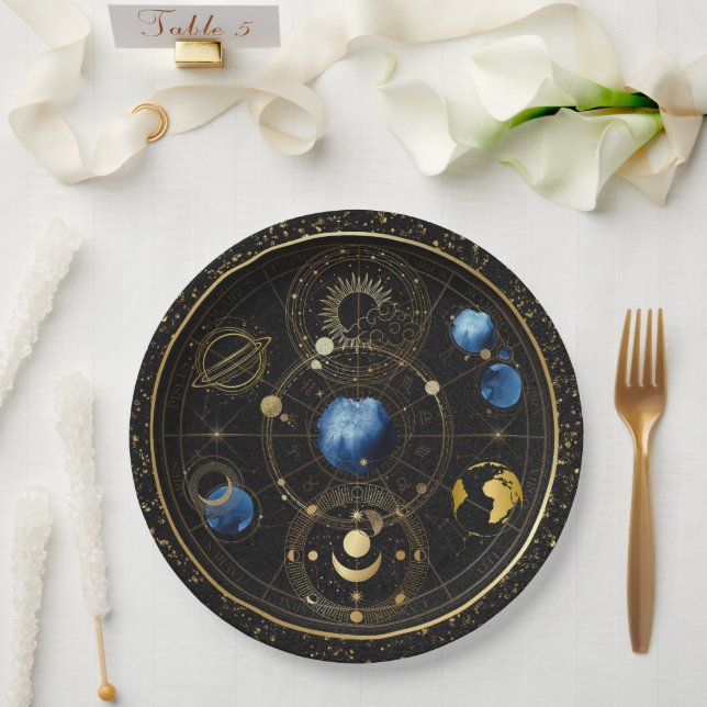 Black Velvet Gold Celestial Astrology Paper Plates (Wedding)